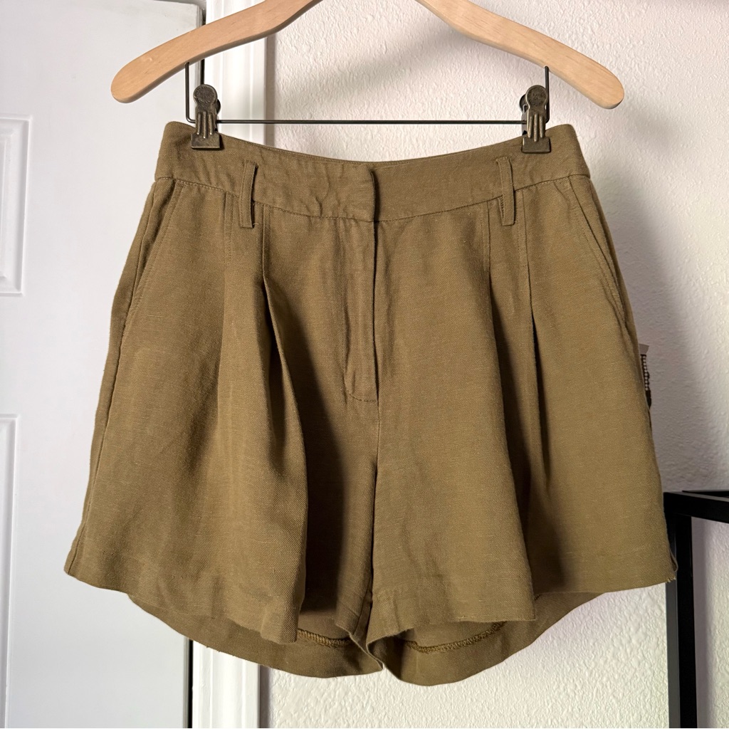 Birgitte Herskind Tan Olive Khaki Flax Linen Blend Shorts